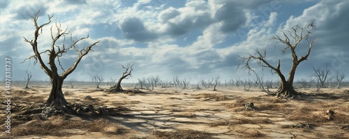 A dramatic landscape depicting a barren environment with dry, cracked earth and lifeless trees under a cloudy sky, highlighting the impacts of climate change and environmental degr photo
