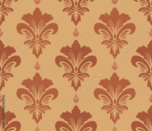 Damask seamless with reddish brown floral pattern, vintage design, vector illustration elegant for textile design, wall paper, bedding, curtains, cushion cover, rug, scarf, upholstery fabric, decor