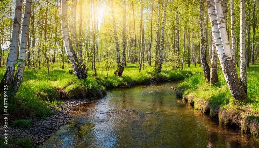 Obraz premium crystal stream winding through a sunlit birch forest in the heart of springtime wonder