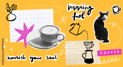 Coffee collage planner designer, decorated with stickers, doodle memo drawings and funny cat image