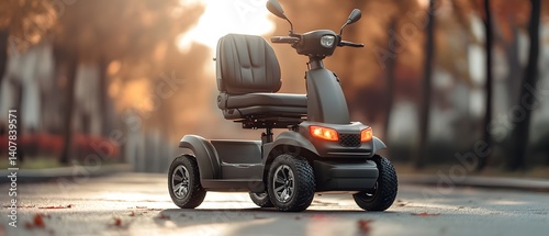 A sleek mobility scooter stands parked on a serene urban street, surrounded by autumn foliage. The scooter's modern design emphasizes comfort and practicality for daily travel.