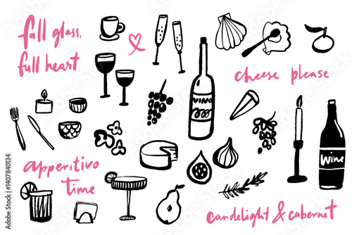 Wine and dine black ink graphic set, minimalist brush doodles and drawings of glasses, elegant calligraphy inscriptions and inspirational quotes