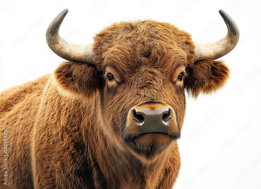 Majestic Highland Cow with Brown Fur and Striking Horns Against Clean White Background Majestic Highland Cow with Brown Fur and Striking Horns Against Clean White Background