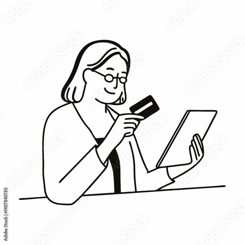 Line Art Shopping online. Senior woman using tablet computer and credit card