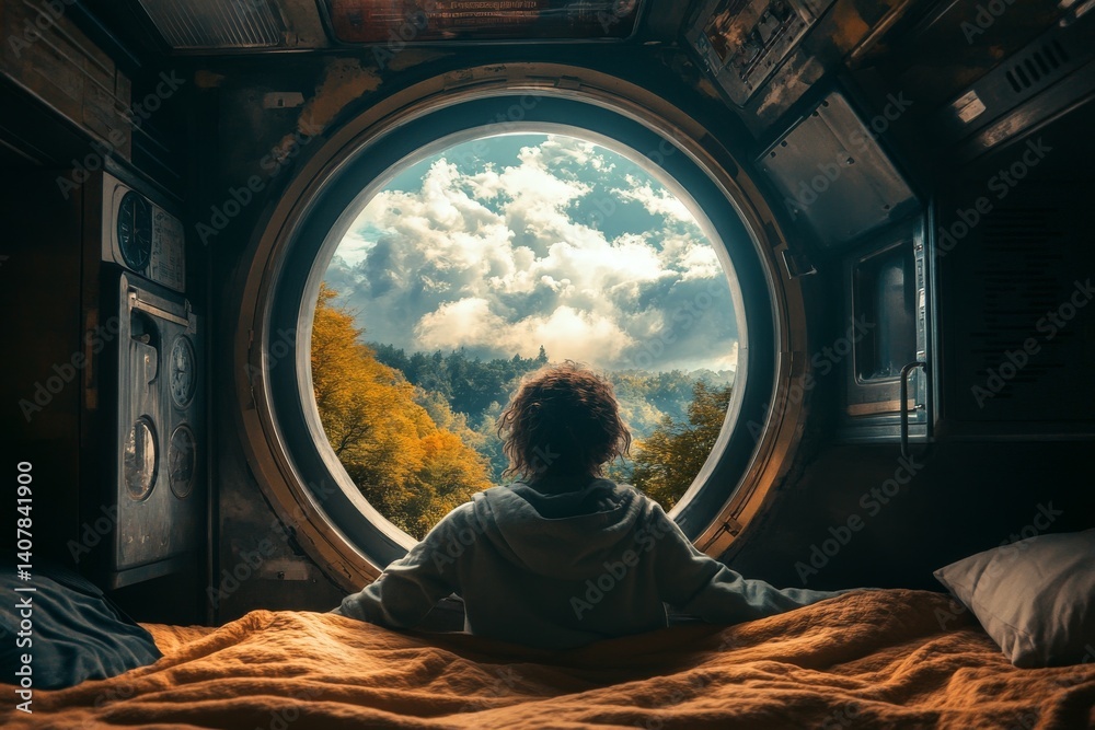 A person gazes through a round window. The scenic view reveals trees and clouds. A cozy atmosphere fills the room. This image evokes a sense of adventure and tranquility. AI