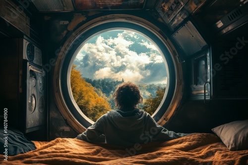 Obraz na płótnie A person gazes through a round window. The scenic view reveals trees and clouds. A cozy atmosphere fills the room. This image evokes a sense of adventure and tranquility. AI w salonie