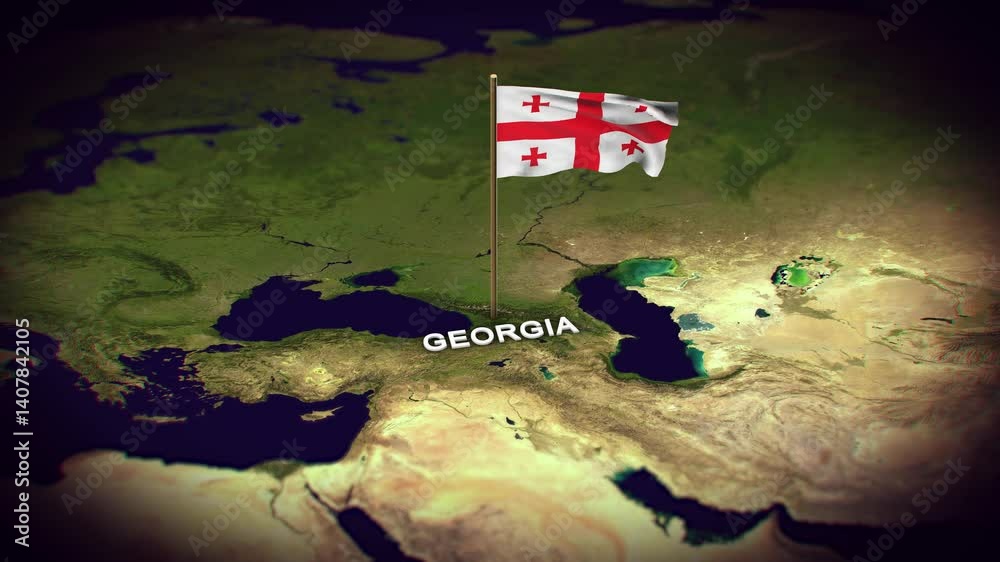 The Flag of Georgia on the World Map, Georgia map with flag 3d animation