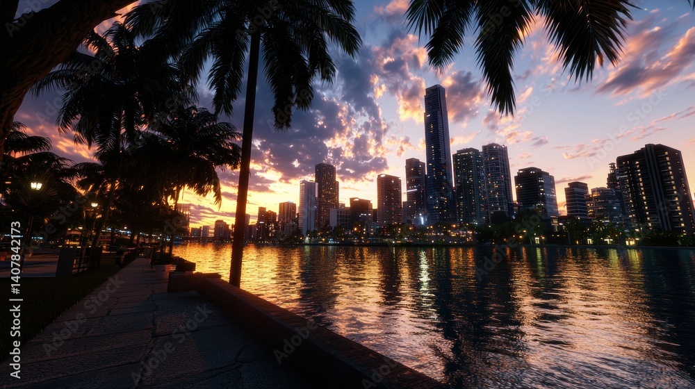 Obraz premium Sunset city stroll, palm trees, waterfront, vibrant skyline