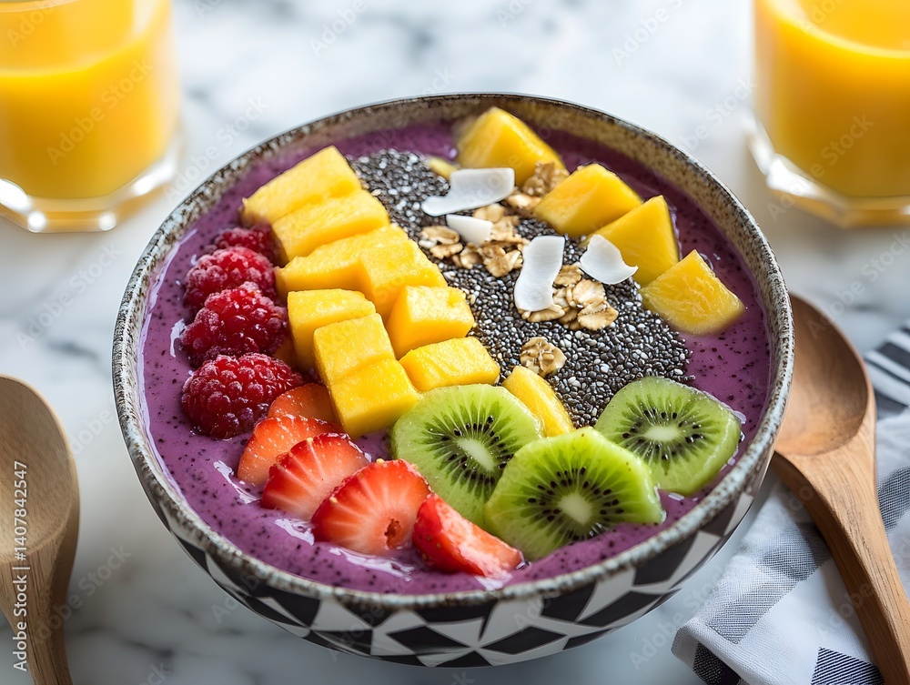 Vibrant Healthy Breakfast Bowl with Tropical Fruits and Chia Seeds