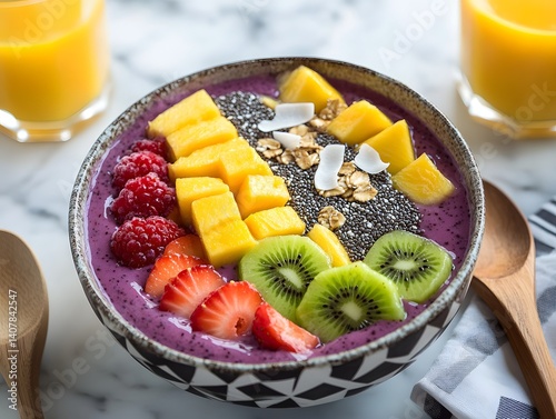 Vibrant Healthy Breakfast Bowl with Tropical Fruits and Chia Seeds