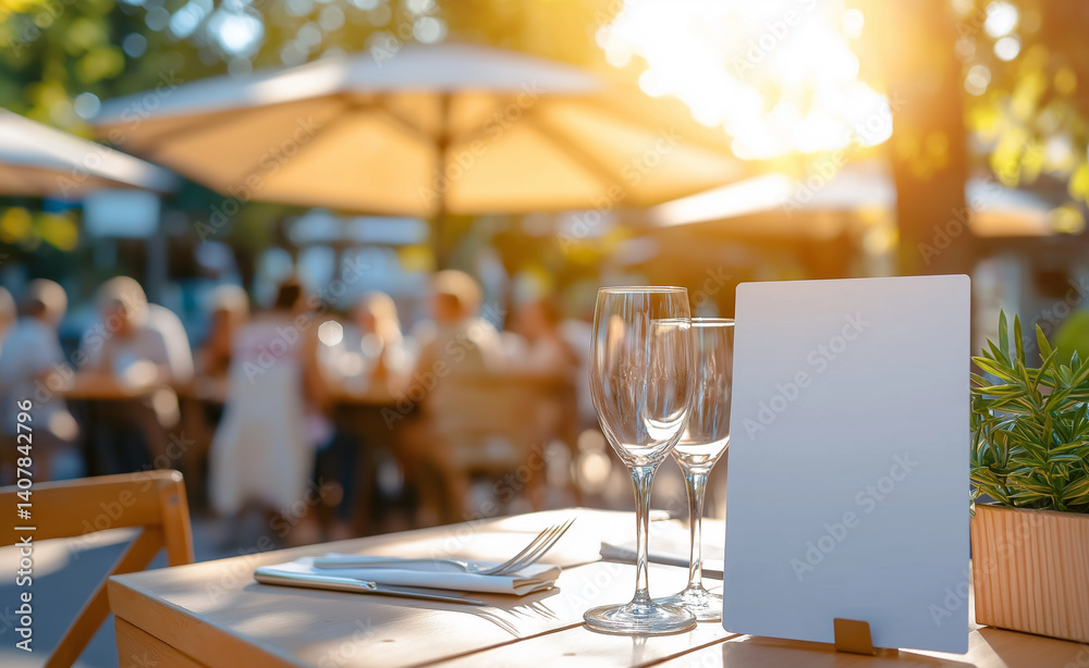 Empty wooden table with blank menu card in a sunny outdoor restaurant patio, surrounded by chairs and umbrellas, evoking a relaxed dining atmosphere.