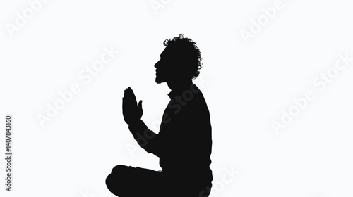 Silhouette of Muslim man praying with raised hands on white background

