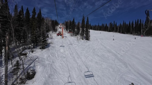 Cable car at the ski resort in Sheregesh. Active winter recreation in nature.