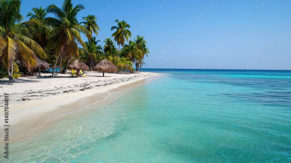 Naklejka premium Tropical beach, palm trees, turquoise water, thatched huts