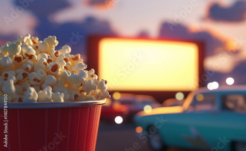 A cup of fresh popcorn in the foreground with a blurred outdoor movie screen and sunset in the background, creating a cozy cinematic atmosphere.