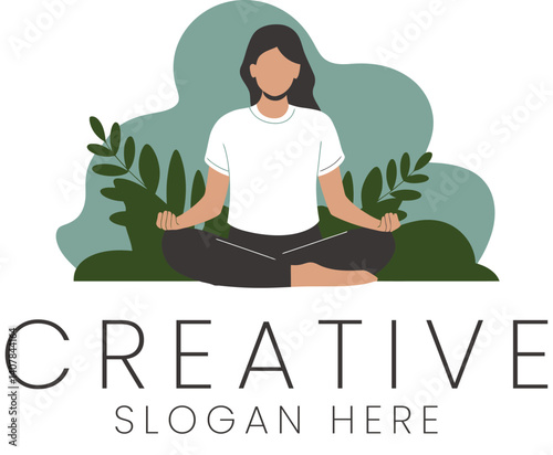 Woman Meditating Peaceful Yoga Pose Nature Green Background Zen Calm Mind Body Soul Lotus 