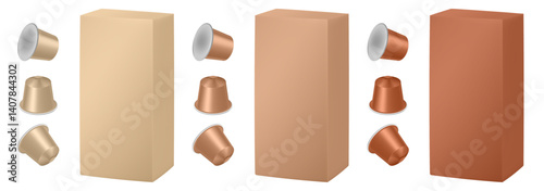 Set of ivory and beige coffee capsules and cardboard packaging. Realistic packaging mockup of a box