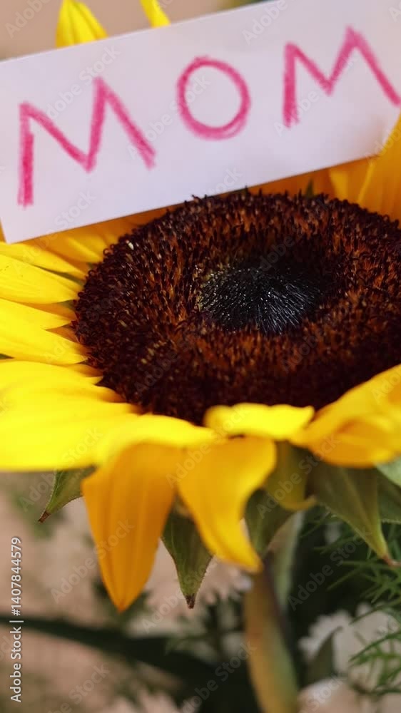 Un primer plano de una flor de girasol con la palabra madre. Video vertical