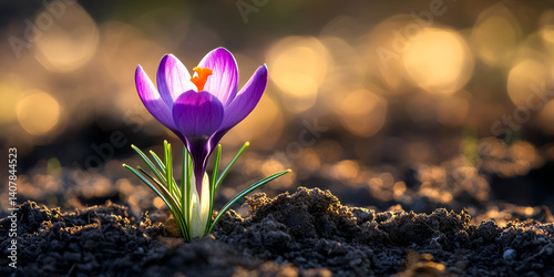 Purple crocus flower blooming in the soil with golden sunlight