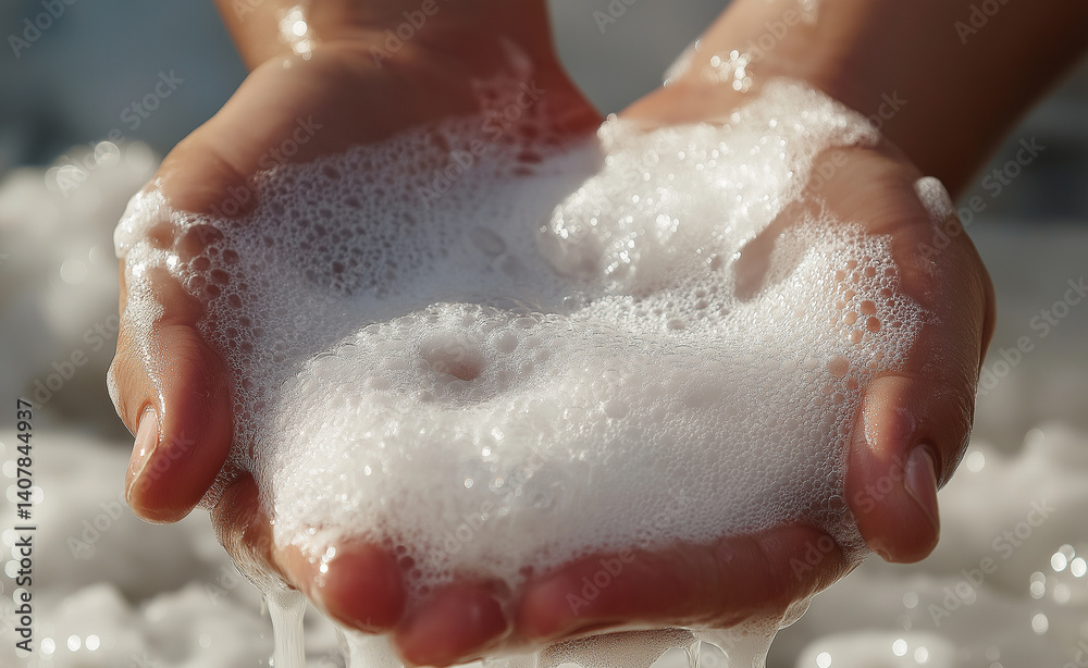 Fototapeta premium Hands holding soapy water with bubbles, emphasizing cleanliness, hygiene, and personal care.