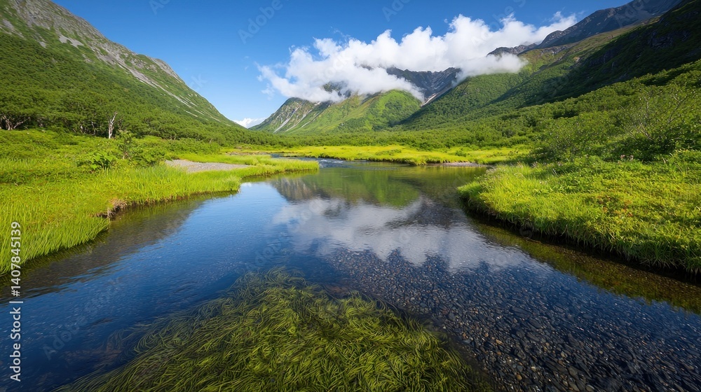 Serene mountain river reflecting clouds, tranquil valley, sunny day Serene mountain river reflecting clouds, tranquil valley, sunny day