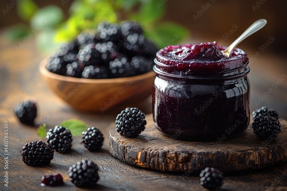 Homemade Blackberry Jam in Mason Jar with Spoon Surrounded by Fresh Blackberries on Wooden Table