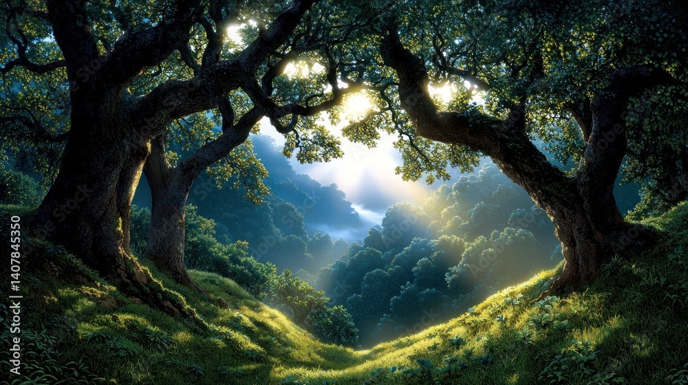 Sunlit forest valley, trees form heart shape, mystical landscape Sunlit forest valley, trees form heart shape, mystical landscape