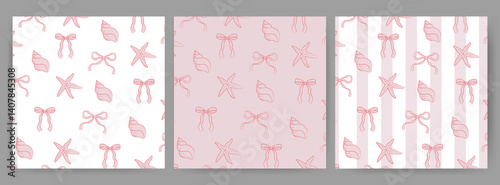 Coquette summer seamless pattern with pink bows, shells, and starfish for backgrounds, presentations, wrapping papers, prints, artworks. Vector illustration