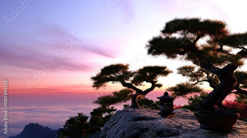 Panoramic Zen Garden Landscape at Sunrise over Misty Mountains