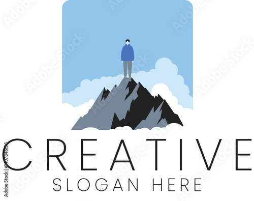 Reaching the Peak Success Mountaintop View Achievement sky man blue gray high flat goal   