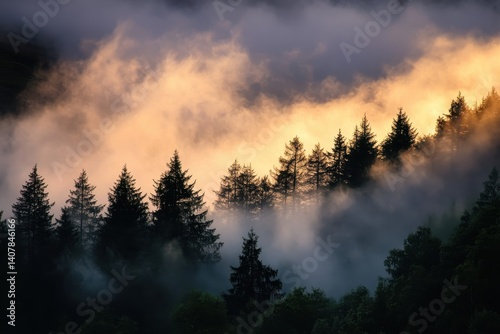 Trees And Clouds. Sunset Fog over Silhouetted Trees in Glencoe, Scottish Highlands