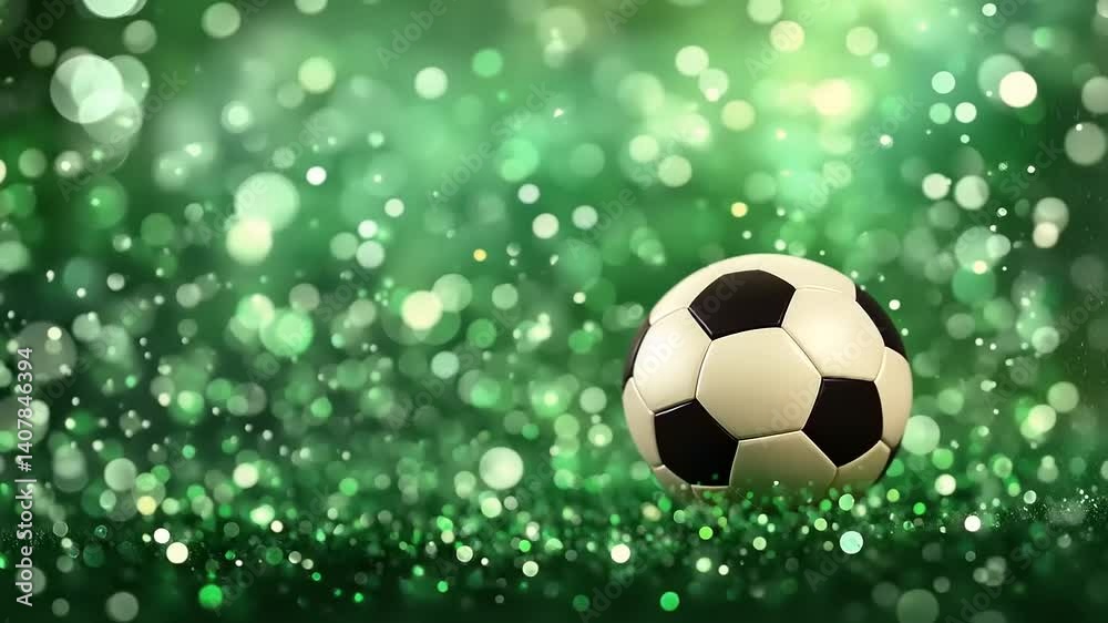 A soccer ball on a vibrant green field with sparkling bokeh lights in the background, ideal for sports themes A soccer ball on a vibrant green field with sparkling bokeh lights in the background, ideal for sports themes