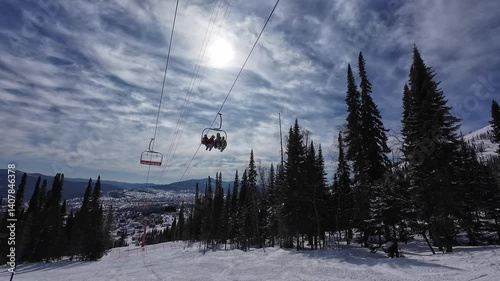 Cable car at the ski resort in Sheregesh. Active winter recreation in nature.