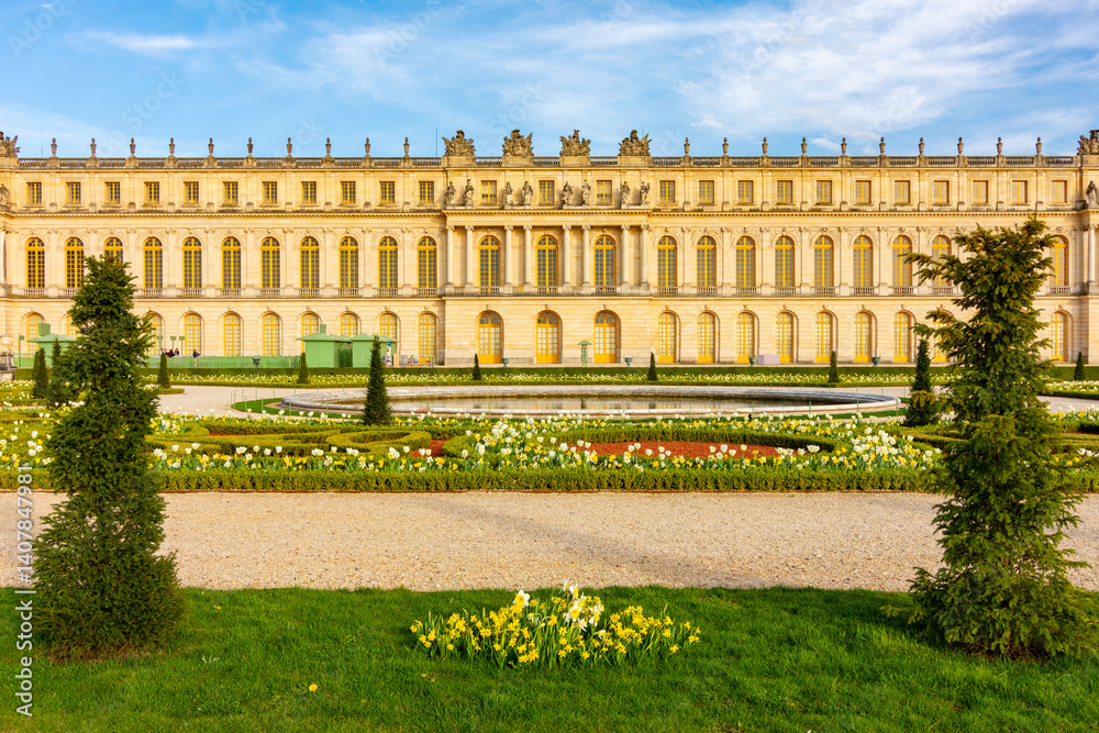 Versailles palace and gardens in spring outside Paris, France