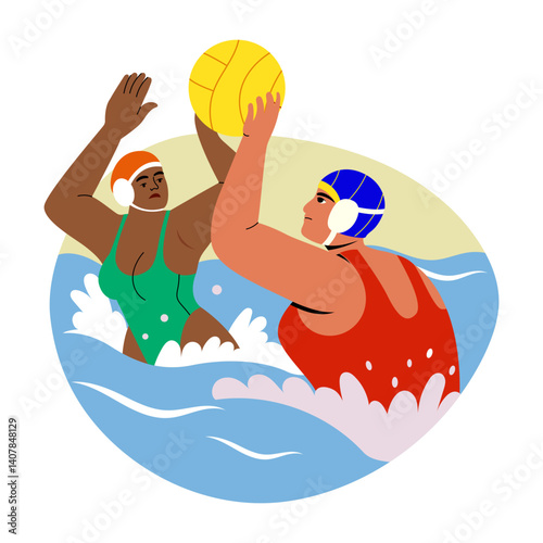 Two characters playing water polo, flat illustration
