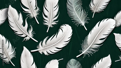 white feathers on a dark green background