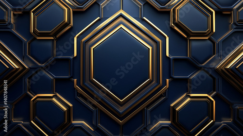 Islamic geometric pattern in blue and gold with empty center

