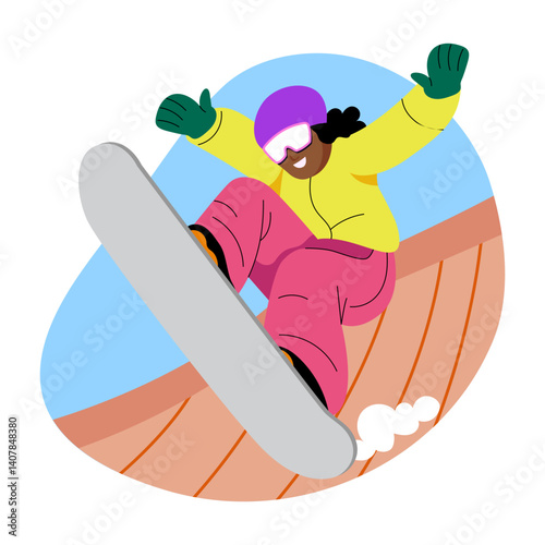 A flat style illustration of a snowboarder