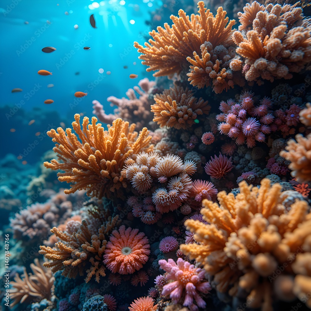 Fototapeta premium Capture the intricate details of coral formations and the vibrant marine life that inhabits them, focusing on textures and colors.