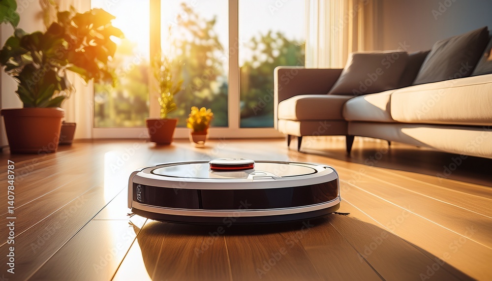 efficient robotic vacuum cleaner operates in a sunlit wooden floor living room