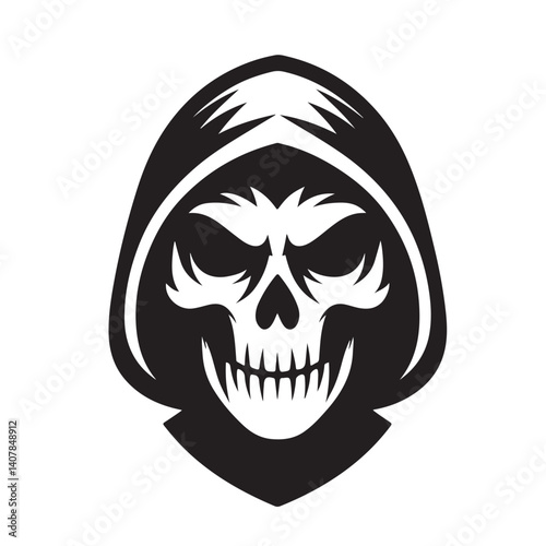 A black and white illustration of a grim reaper skull with a hood on a white background design art.eps