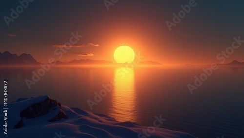 Tranquil and surreal view of the midnight sun above the Arctic horizon, illuminating the sky with warm orange and gold tones. The calm sea perfectly mirrors the radiant light, creating a peaceful, dre
