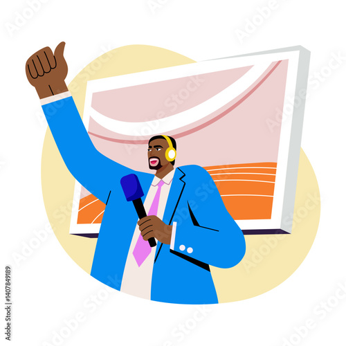 A flat style illustration of sports commentator