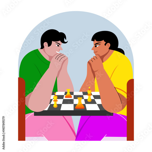 Two character playing chess, flat style illustration
