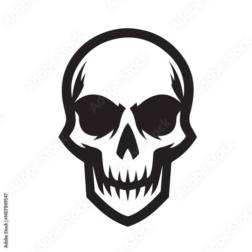 A stark black and white illustration of a stylized skull with sharp lines on a plain white background.eps