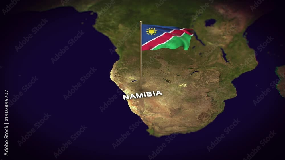 The Flag of Namibia on the World Map, Namibia map with flag 3d animation
