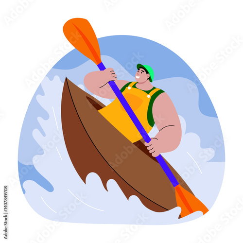 A character doing kayaking, flat style illustration