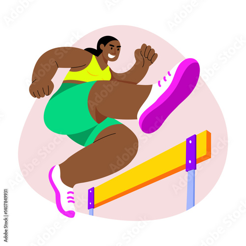 A character jumping through a race hurdle, flat illustration
