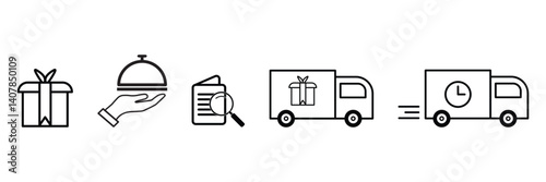 Delivery, shipping icon set. Gift, product food supply, menu, deliver, moving truck symbol collection for online retail store vector illustration.
