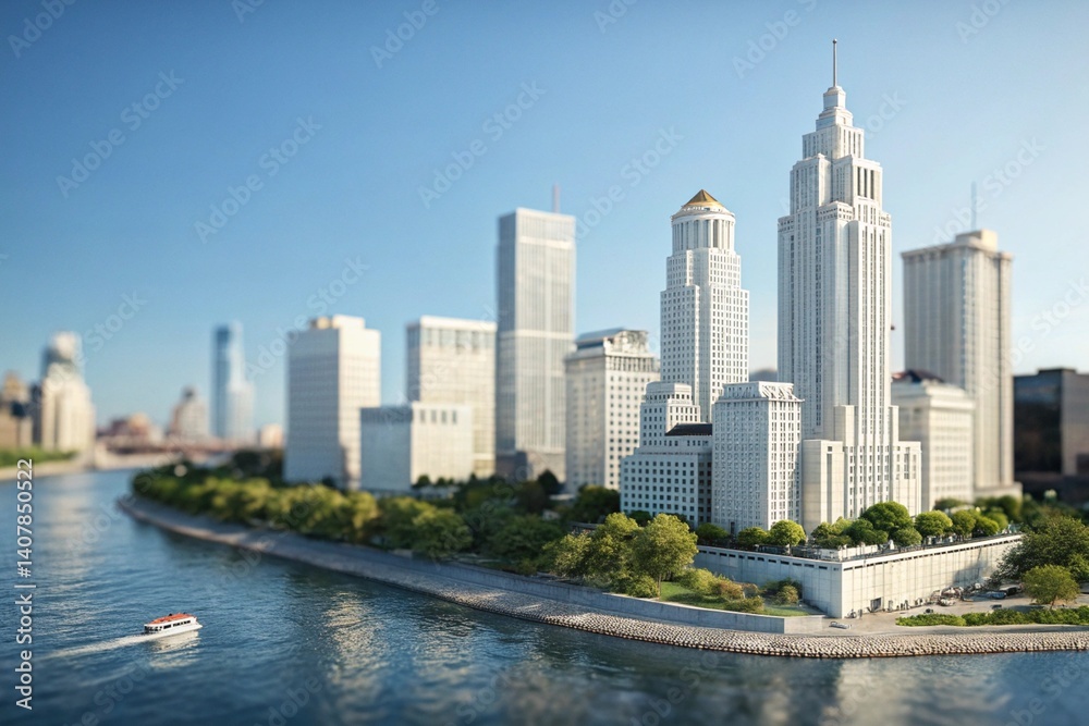 Naklejka premium 3D Illustration of White City Buildings on River Island. tilt shift view - generatde by ai